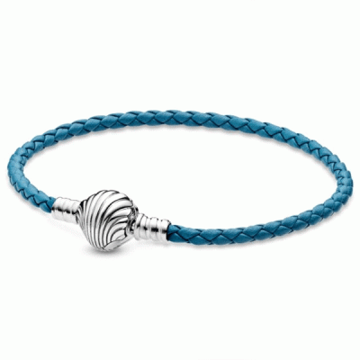 Пандора Бірюзовий плетений браслет зі шкіри із застібкою у формі морської мушлі Pandora Moments 598951C01